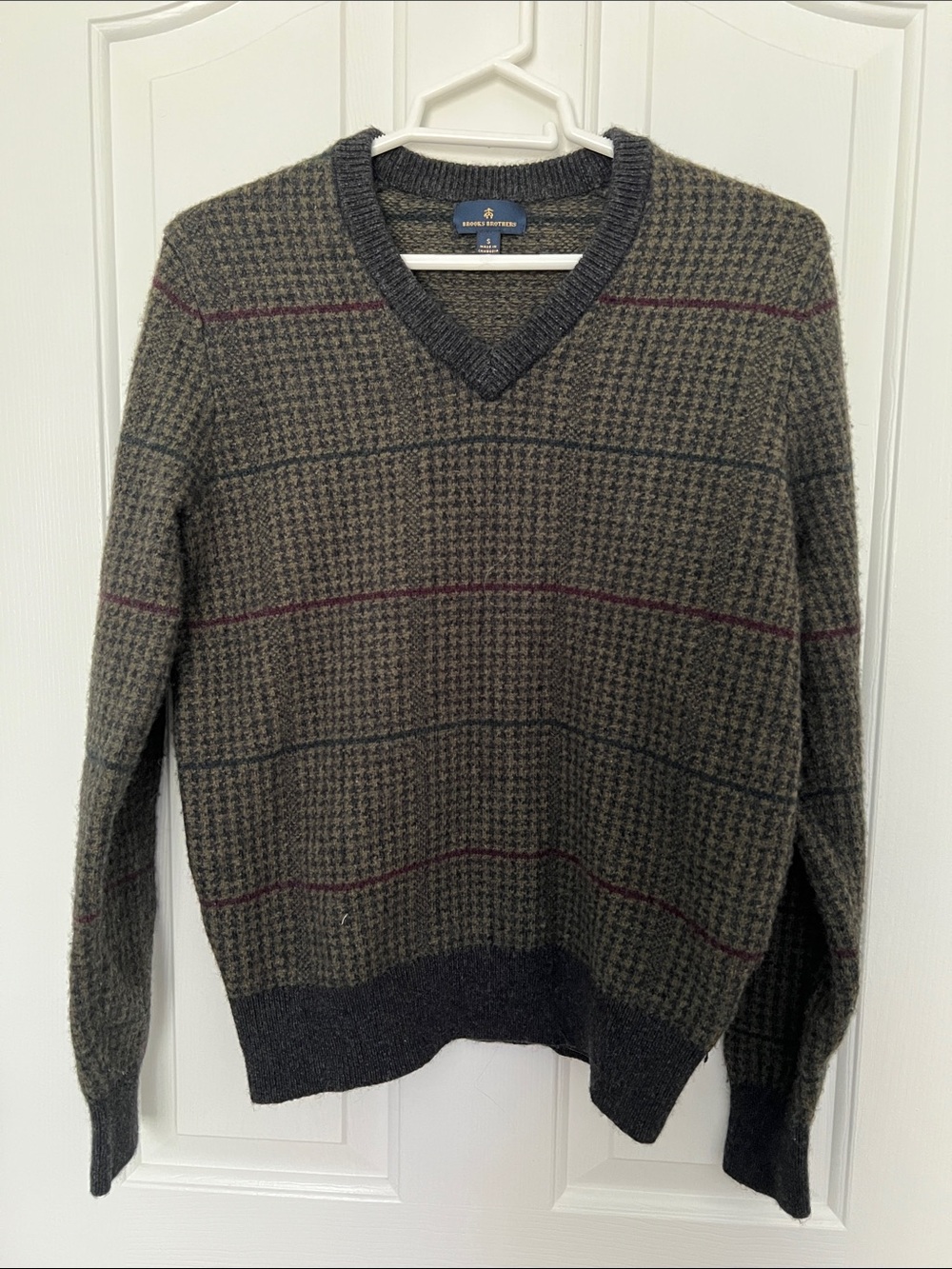 Brooks Brothers Olive and Charcoal V-Neck Sweater with Maroon Accent